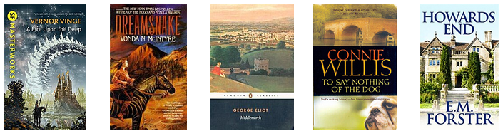 Classics read in 2024 Book covers: A Fire Upon the Deep by Vernor Vinge, Dreamsnake by Vonda McIntyre, Middlemarch by George Eliot, To Say Nothing of the Dog by Connie Willis and Howard's End by EM Forster